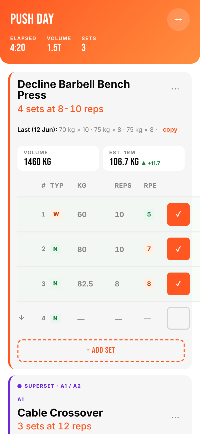 RepTrack active workout screen — PUSH DAY with bench press logged and a superset paired underneath